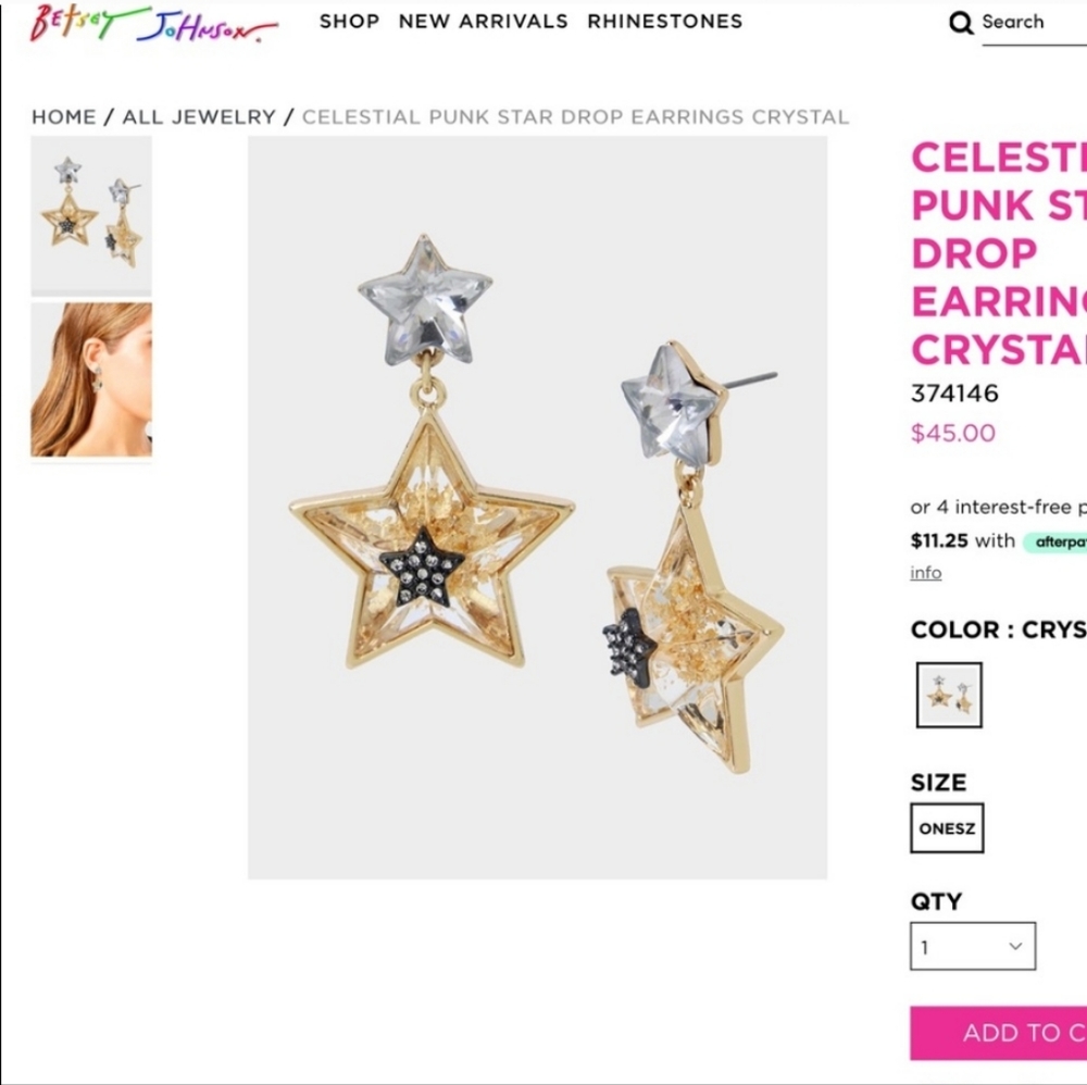 NWT Betsey Johnson Celestial Double Star Drop Earrings, Silver/Gold, Lightweight - Picture 4 of 10